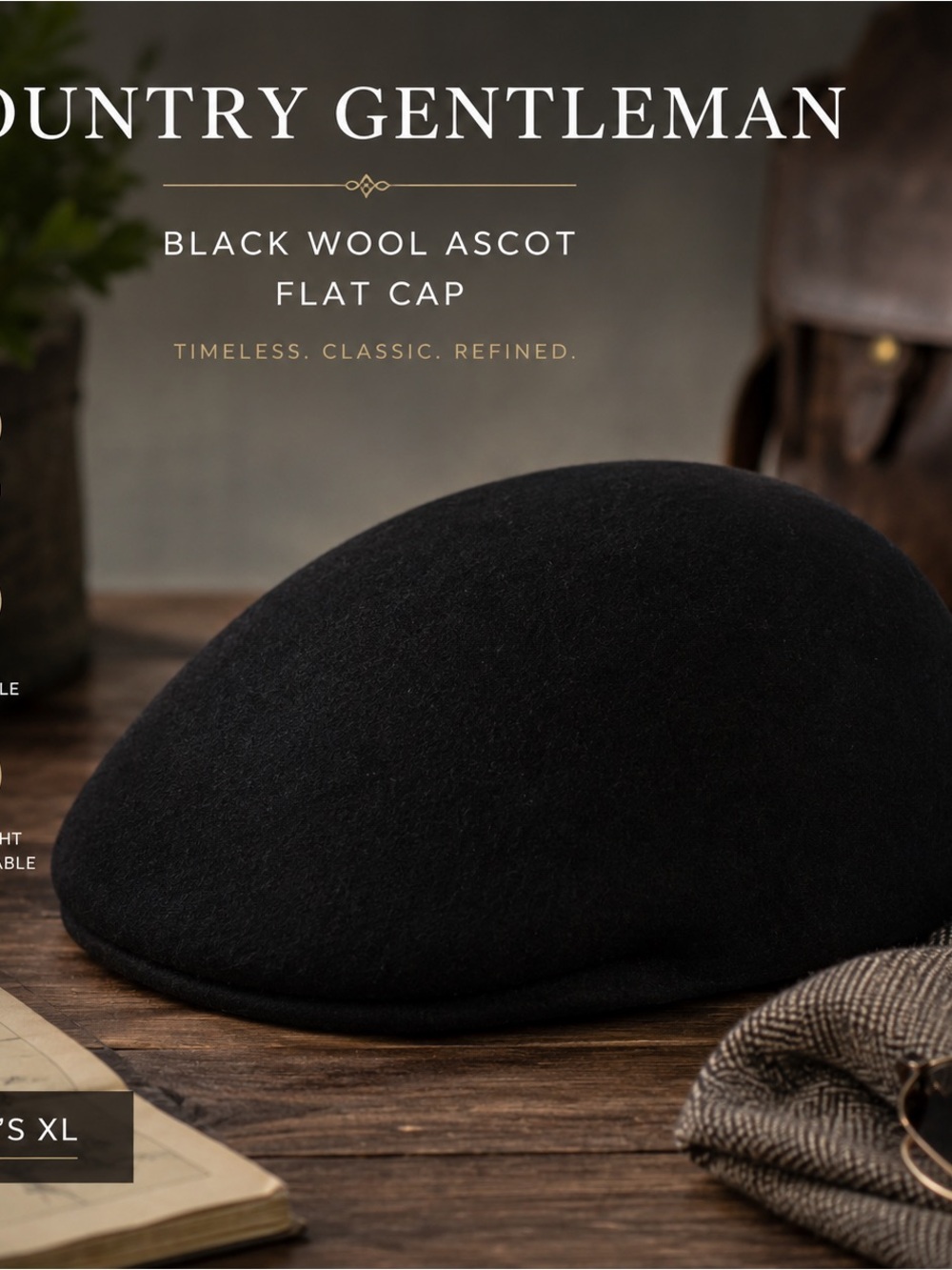 Country Gentleman Black Wool Ascot Flat Cap Driving Hat Men’s XL